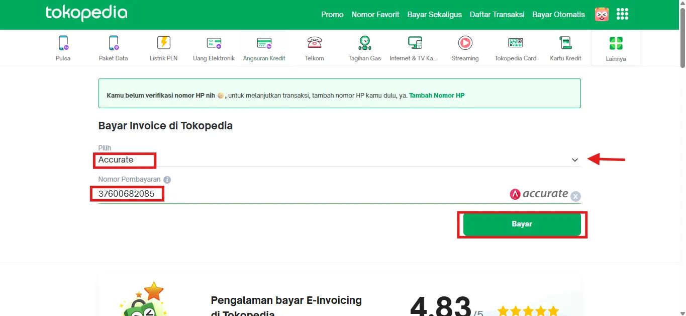 bayar tagihan Accurate via Tokopedia E-Invoicing